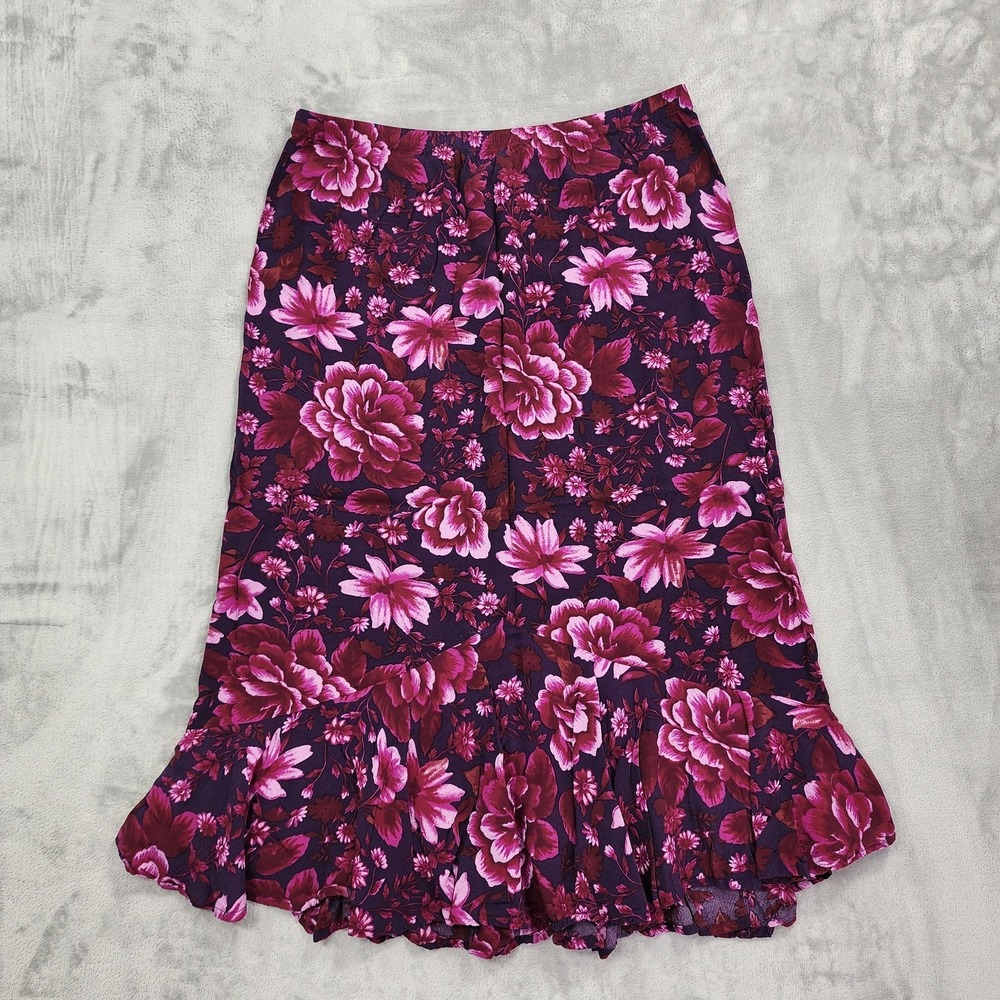Vintage White Stag Skirt Womens L Pink Floral Pull On Flare Ruffle Hem Midi Boho
